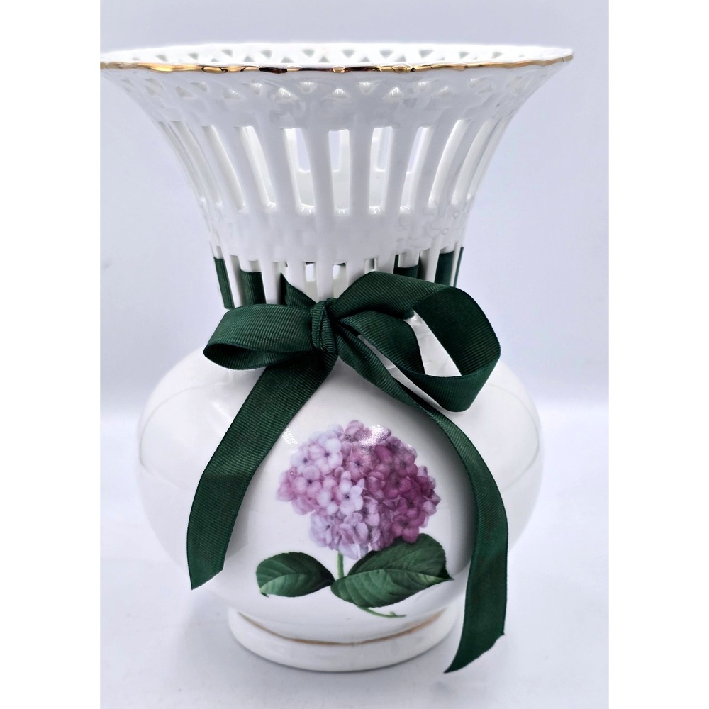 Purple Hydrangea Porcelain Flower Vase Gold Trim Lattice‎ Neck - Picture 2 of 14